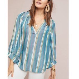 Anthropologie Maeve Byron Striped Blouse Ballon Sleeves Size XS